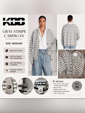 KBB by Kahlana Gray Stripe Button Front Cardigan Sweater NWT medium